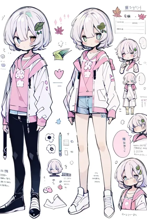 1girl in, ((Character information)、(Chara Leaf)、pastel dimmed colors, Type sheet, Character Sheets, Three types，Shot Full Body，Game Character Design，colourfull