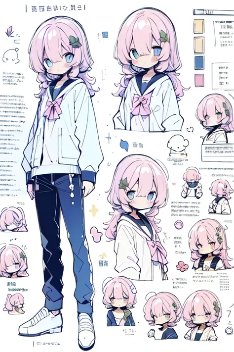 1girl in, ((Character information)、(Chara Leaf)、pastel dimmed colors, Type sheet, Character Sheets, Three types，Shot Full Body，Game Character Design，colourfull