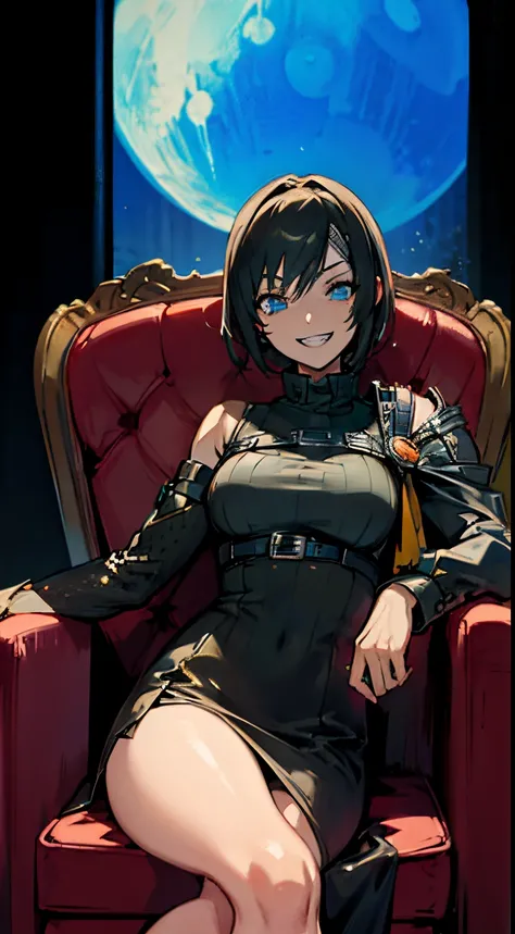 Yuffie possessed by Don Corneo, glowing blue eyes, horror scary setting, evil grin, sitting on a mafia boss chair menacingly, man-spread style sitting