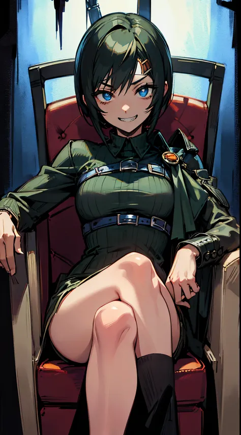 Yuffie possessed by Don Corneo, glowing blue eyes, horror scary setting, evil grin, sitting on a mafia boss chair menacingly, man-spread style sitting