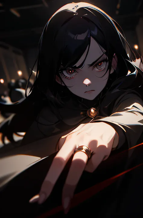 Dramatic lighting, dramatic pose, gleam, dark colors and atmosphere, gloomy anime girl portait, Kubrick Stare at camera, ring lights