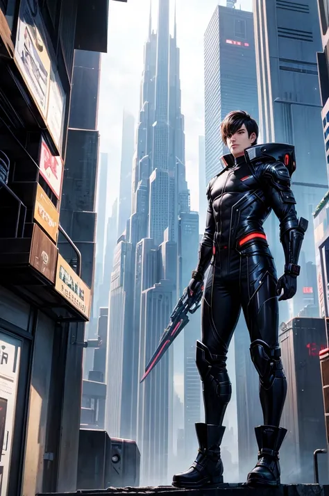 Background in futuristic city，Dressing  futuristic， a male character，The character  Asian