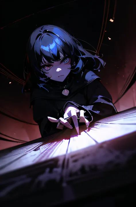 Dramatic lighting, dramatic pose, gleam, dark colors and atmosphere, gloomy anime girl portait, Kubrick Stare at camera, ring lights