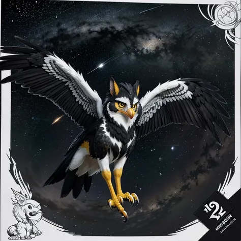 Image, detailed, cartoon style, starry gryphon, black and white, coloring book, --ar 23