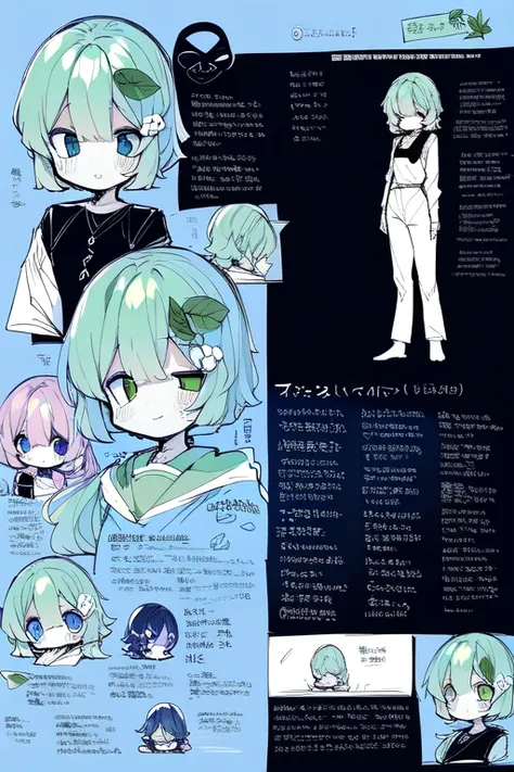 1girl in, ((Character information)、(Chara Leaf)、pastel dimmed colors, Type sheet, Character Sheets, Three types，Shot Full Body，Game Character Design，colourful