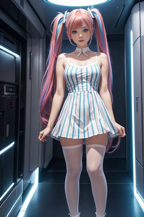 cute redhead with rainbow colored hair tips, ribbons in her hair, 18-year-old woman, happy, in twin tails, perfect symmetrical eyes, clear sparkling blue eyes, pale skin, silky smooth skin, standing on a fancy metal luxurious space ship, futuristic corrido...