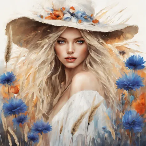 Beautiful hippie girl in hat, boho chic, poppies, cornflowers, pampas grass, abstract, fantasy, beautiful, bohemian, realistic, white, black, golden threads, drops, swirls, sparks, octane, brightly, Large