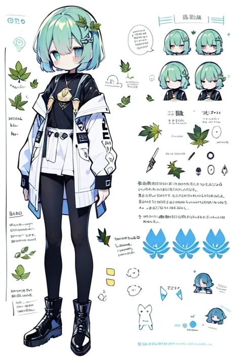 1girl in, ((Character information)、(Chara Leaf)、Type sheet, Character Sheets, Three types，Shot Full Body，Game Character Design，colorful, bright