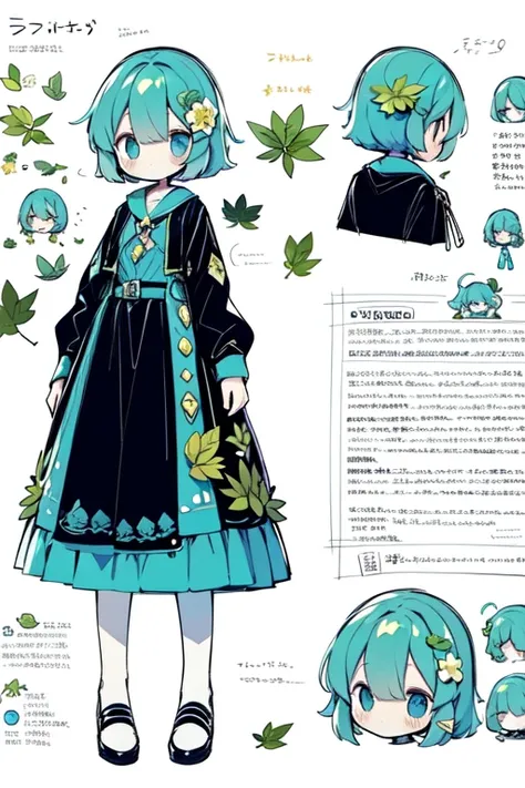 1girl in, ((Character information)、(Chara Leaf)、Type sheet, Character Sheets, Three types，Shot Full Body，Game Character Design，colorful, bright