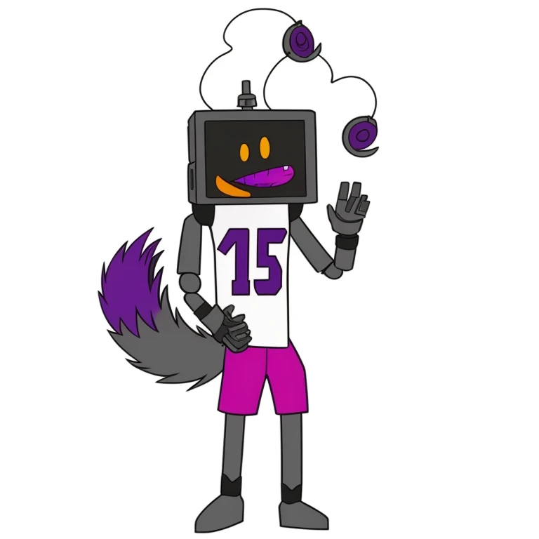 a cartoon image of a robot with a purple shirt and purple shorts, wolf odonnell, football mascot, sports team mascot, sports mascot, an anthro fox, weirdcore voidpunk, cel shaded:15, an anthropomorphic fox robot, cel-shaded:15, full body mascot, anthropomo...