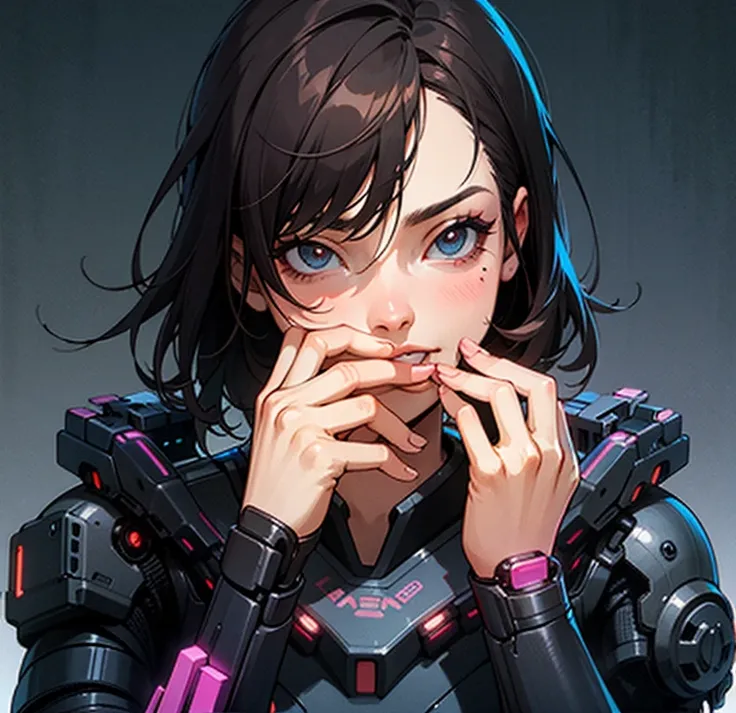 Futuristic them, cybernetics theme, cyberpunk, Dark hair, fair skin cyborg woman with mecha armor suit, cybernetics body below face, eating big chew sticks with right hand, cute pink bandage tape on nose, cyberpunk city ,Super realistic well detailed, good...