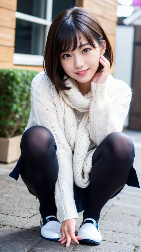 Best-quality, Masterpiece, Ultra-High-Resolution, (Photorealistic:1.4), Raw-Photo, Extremely-Details, Perfect-Anatomy, 

1girl, most popular Japanese idol, squatting at Japanese winter street, (((((from below, right in front view))))), innocent smile, 
(((...