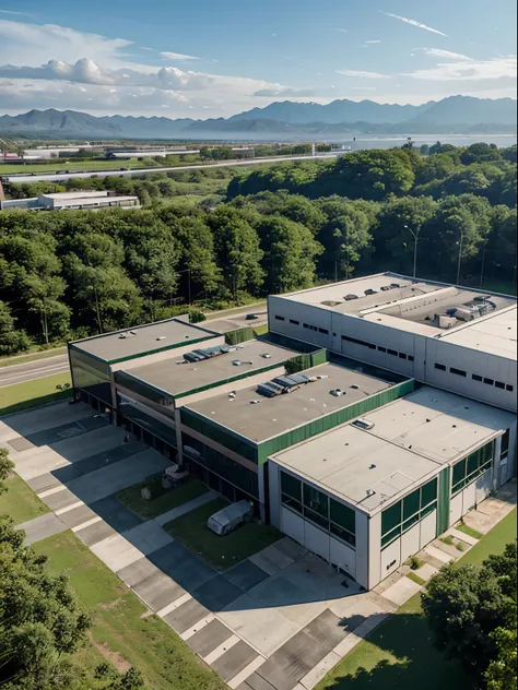 Generate a modern office building，belt factory，With warehouse，Surrounded by green mountains and green waters