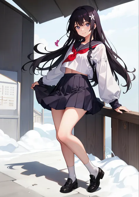 1girl in、A smile、The shirt、skirt by the、Light in the eyes、（highlight in eyes）、（small tits）Chilarism、Japan High School Student Uniform、serafuku、summer clothing、（Portrait from the knee up）、