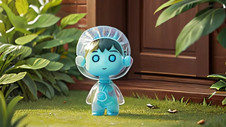 There  a cute transparent vacuole wrapping the baby boy outside，Baby boy looks curiously at the world outside