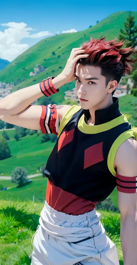 Real life adaption of this character , handsome boy , realistic same spiky hair , (realistic same outfit),realistic scenery background , realistic light, realistic shadow, realism, hyper realistic,(photorealistic:1.2), normal small eyes,