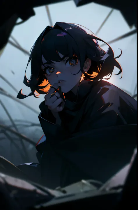 Dramatic lighting, dramatic pose, gleam, dark colors and atmosphere, gloomy anime girl, Kubrick Stare at camera, ring lights