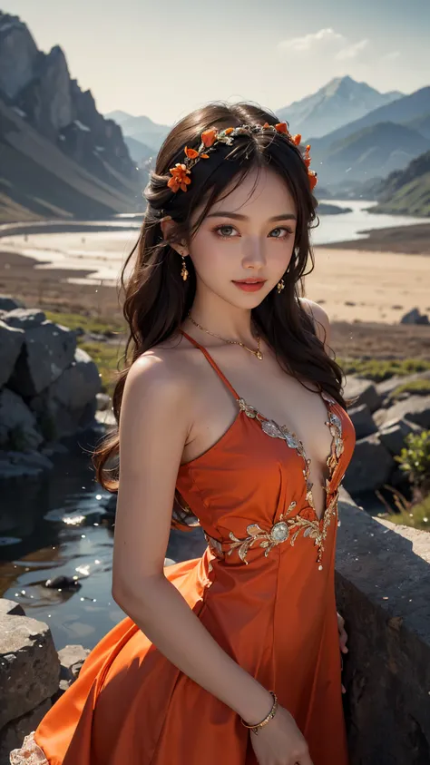 8K ultra hd, masterpiece, Best quality, 1 girl, beautiful face, light smile, very long hair, hair ornaments, detailed eyes, small breasts, very beautiful dress, orange dress, orange lace, criss-cross strap dress, jewelry, clouds and mountain background, hi...