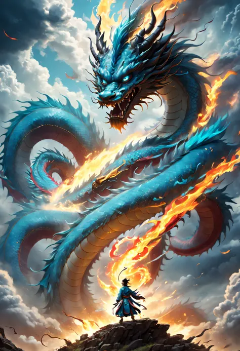 (The main subject: wide wide shot), The flame  light blue,[Multicolored,(Chinese dragon anthropomorphism)], safe,dramatic clouds,(Go deep into the fields), Rich details​, (Wide sky), (sense of vastness),Energy and vitality, Complicated details.(Best qualit...