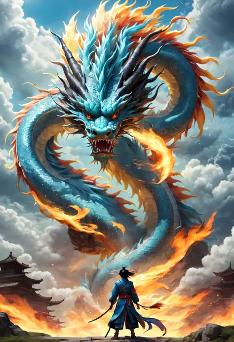 (the main subject: wide wide shot), the flame  light blue,[multicolored,(chinese dragon anthropomorphism)], safe,dramatic clouds...