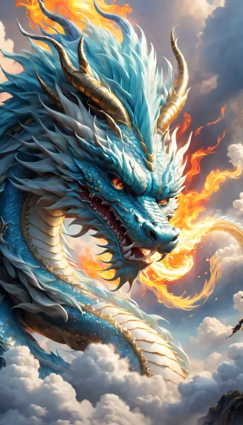 (The main subject: wide wide shot), The flame  light blue,[Multicolored,(Chinese dragon anthropomorphism)], safe,dramatic clouds,(Go deep into the fields), Rich details​, (Wide sky), (sense of vastness),Energy and vitality, Complicated details.(Best qualit...