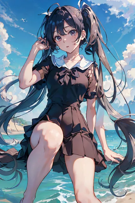 ((tmasterpiece)), ((Best quality at best)), ((A high resolution)), ((extremely detaild的 CG unified 8k wallpapers)), Alone, Tachibana plays, tan school uniform, Black dress, White  socks, Outdoor activities, the face, cover hair, sea beach, parted hair, sil...