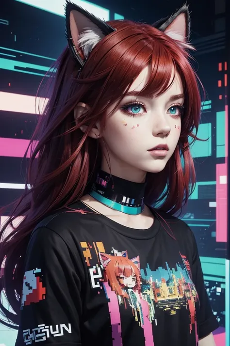 (masterpiece, top quality, best quality, official art, beautiful and aesthetic:1.2), 1girl, red hair, cat ears, (glitch art), (digital distortion), pixelated fragments, data corruption,colorful noise, visual chaos,contemporary aesthetics