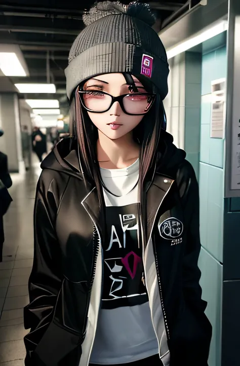 a woman with a beanie and glasses standing in a subway, cyberpunk anime girl in hoodie, cyberpunk beautiful girl, bright cyberpunk glow, cyberpunk 2 0 y. o model girl, cyberpunk wearing, dreamy cyberpunk girl,  cyberpunk girl, cyberpunk look, in cyberpunk ...