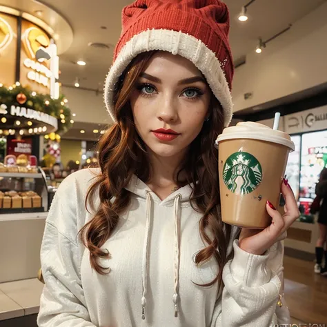 3d animation, cute 20s girl grinch, long lashes, thin eyebrows, blue eyes, smokey eye shadow, curly medium length red hair, red full lips, freckles, wearing a white hoodie, yellow carhart beanie, drinking starbucks latte, red fingernals blinged out, large ...