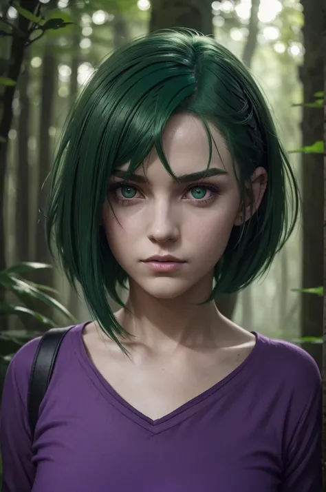 ratte867, 1girl, solo, (forest green hair:1.2), Asymmetrical haircut, (violet clothes:1.2) masterpiece, best quality, photorealistic, realistic, (RAW photo, 8k uhd, film grain), caustics, subsurface scattering