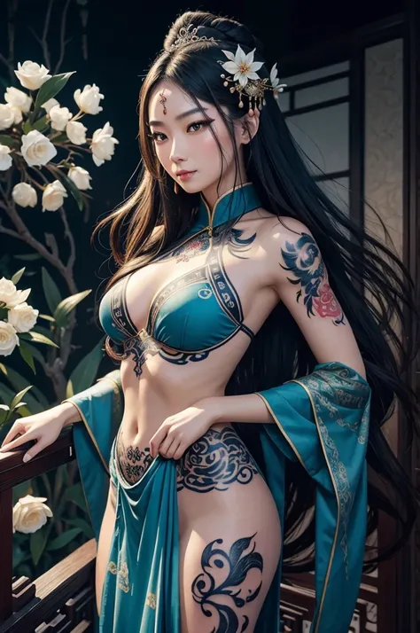 An ancient Chinese beauty, charming temperament, flowing long skirt, clear face, beautiful eyes, osmanthus surrounding, perfect body structure proportional masterpiece, super detailed, epic composition, color tattoo art, new traditional tattoo art, SD tatt...