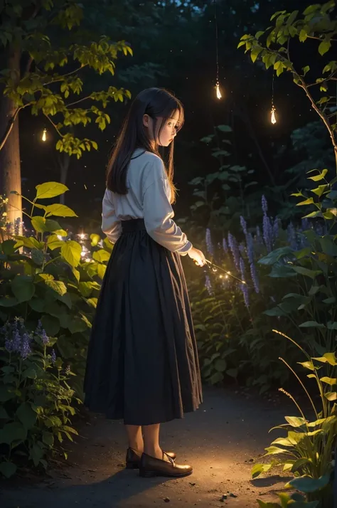 (8k, top quality, masterpiece: 1.2), (realistic, photorealistic: 1.37), super detail, one girl, wide angle of view, firefly garden, lots of small faint light and fireflies flying around, night