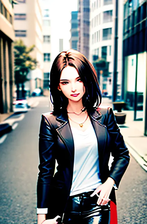 arafed woman in a white shirt and black jacket standing on a street, attractive girl, attractive woman, attractive young woman, gorgeous woman, stunning woman, wearing a black jacket, 30-year-old french woman, she wears leather jacket, attractive brown hai...