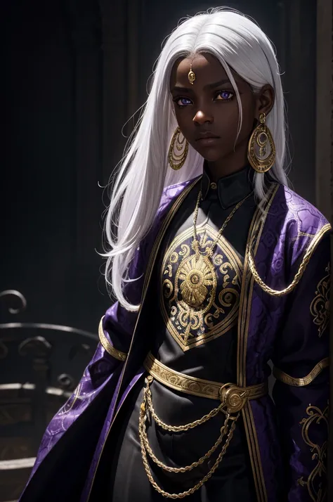 A preteen with a leash of straight white hair, dark skin, Latin ancestry, purple irises, wearing a black tatical suit with golden threads and wearing golden earrings shaped like snakes. Detailed eyes, detailed face, intricate grunge outfits, cinematic ligh...