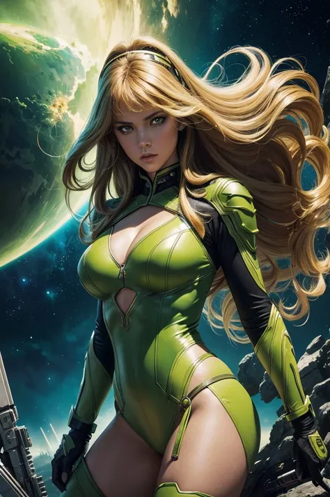 a close up of a woman in a green and yellow costume, heavy metal comic cover art, barbarella, ash thorp, official art, panoramic widescreen view, megadeth, matte coloring, 1970s, syndicate(2012), psionic, nebula, by Juan Giménez, 1 9 7 0 s