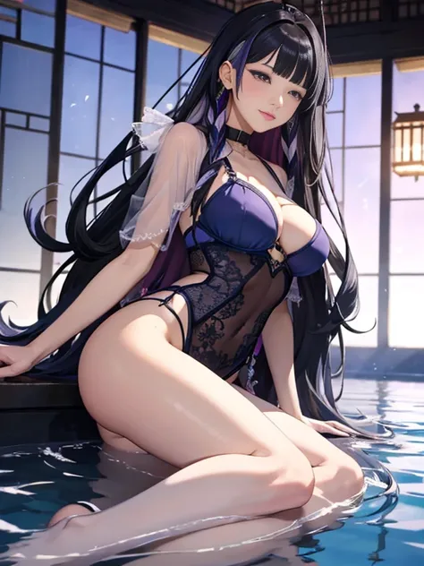 （Enrich the picture，Masterpiece level quality）Beautiful 8K CG artwork，Goddess-like posture，sittinng on the river，Postural exercises，Slim and soft，Translucent skin，Black Purple Hair、The beauty of extra-long hair, Super Long Straight Hair，The skin  fair and ...