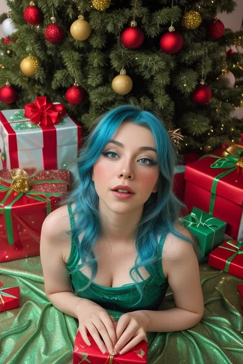 wearing sexy christmas wrapping paper outfit , full body portrait, beautiful face, vibrant bright blue  hair, beautiful eyes, op...