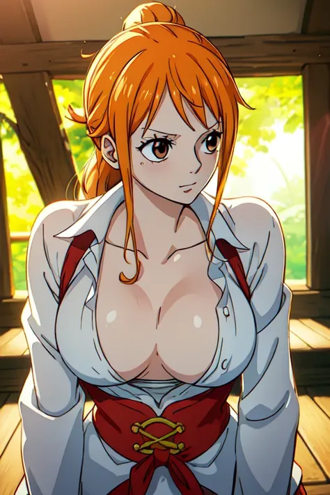 Nami from One Piece, long orange ponytail hair, beautiful brown eyes, blushing cheeks, wearing a white long sleeve shirt ,buttons are opened , breast exposed,  bare breast, bottomless , enjoying a sunny day at the beach. The art style should resemble a cap...