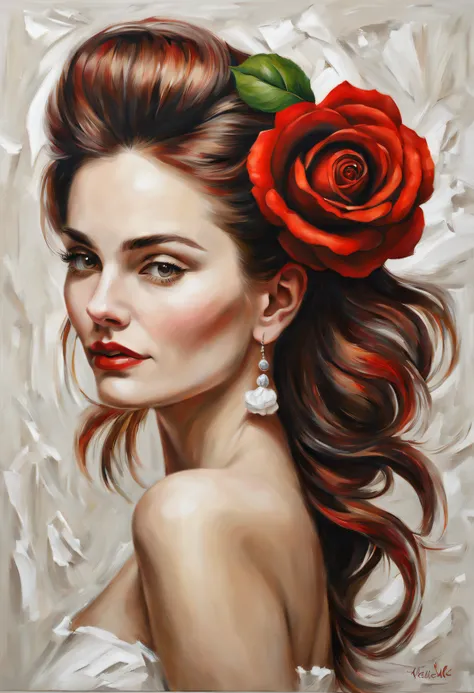 woman with impasto oil painting,  wear a red rose in your hair near your ears, white backgrounid, ultrarealistic oil painting. a...