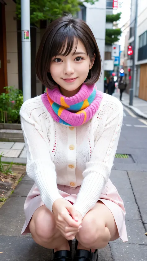 Best-quality, Masterpiece, Ultra-High-Resolution, (Photorealistic:1.4), Raw-Photo, Extremely-Details, Perfect-Anatomy, 

1girl, most popular Japanese idol, squatting at Japanese winter street, (((((right in front view):1.3)))), innocent smile, looking at v...