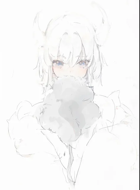 Wear a scanime girl with cat in mouth, Line!!, Line, Soft anime illustration, anime sketch, By Anime Painter Studio, fluffy furry, furry neck, Fluffy fur, soft fur, white cat girl, Rough sketch, soft contour, With white fluffy fur, Matte sketch, sketchy ar...