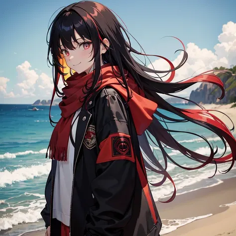 masterpiece, best quality, absurdres, 1girl, solo, black hair, red hair, multicolored hair, streaked hair, long hair, messy hair, bangs, Wearing a black jacket and red scarf, standing, cowboy shot, beach scene, smile,Black crystal eyes