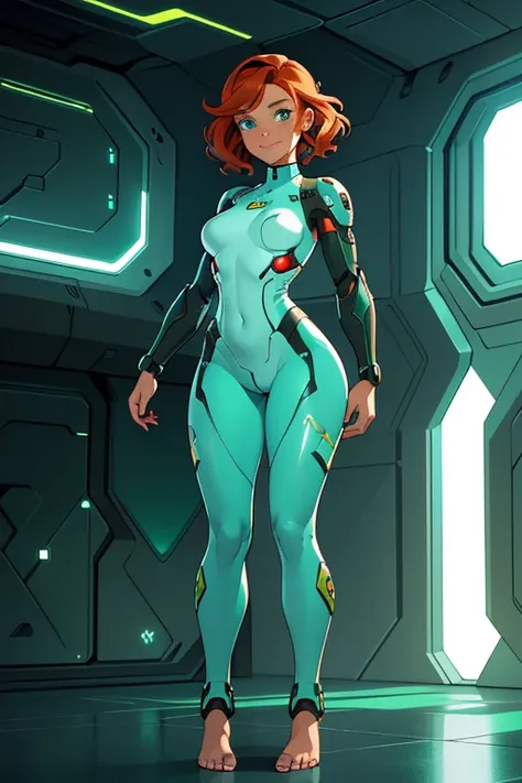 a beautiful, young, t cyborg woman, wearing skintight cybernetic technological, facial freckles, teal toe nail polish, cybernetics in her face, head and arms, visibly barefoot, white and green body armor, , with short red wavy hair, in a futuristic room,st...