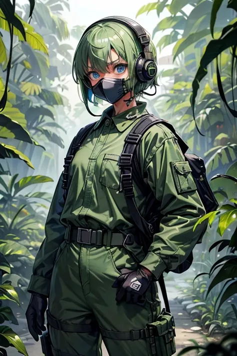 ​masterpiece, top-quality, MGS3EVA, tan jumpsuit, blue eyess, headphones around neck,Green hair, a belt, gloves, boots, Wagas, in jungle、Small、,Black rubber suit、Torn、polo、Fighting、gas masks、Camouflage pattern、younggirl、Black inner、backpack、Heavy equipment