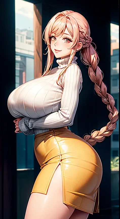 Best quality, solo beautiful woman, mother, gigantic breasts, giant ass, very curvy, long braided hair, pale pink apricot eyes, full lips, seductive, smiling, turtle neck sweater, pencil skirt, colossal breasts, doroppy breasts,