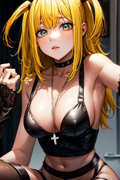 misaamane, misa amane, long hair, bangrown eyes:1.7), (yellow hair:1.5), blunt bangs, (two side up:1.5), red lips, lipstick, solo, 1girl,
BREAK thighhighs, dress, jewelry, collarbone, boots, detached sleeves, choker, black thighhighs, necklace, black footw...