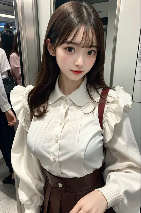 Top image quality、4K picture quality、Best Quality、huge tit、g-cup、22year old、japanes、short stature、Wearing a white blouse with a long-sleeved collar、Wearing a pleated skirt、Standing in front of me on a crowded train、Watching from above、Hands on chest