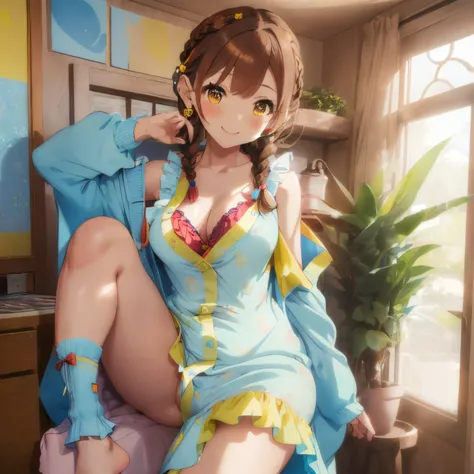 ((Brown hair)),((Braided shorthair)),(With bangs),Slight red tide,(Pajama long sleeve cardigan clothes with lots of frills),((All light blue and yellow)),(Colorful, cute and bold clothes),(oversized floral pattern),(The chest is boldly opened and the cleav...