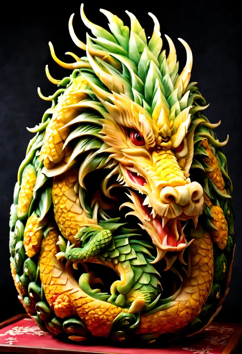 pineapple carving, eastern dragon, china dragon, pineapple carving art, carving, tmasterpiece, superb quality, hyper-realistic, ...