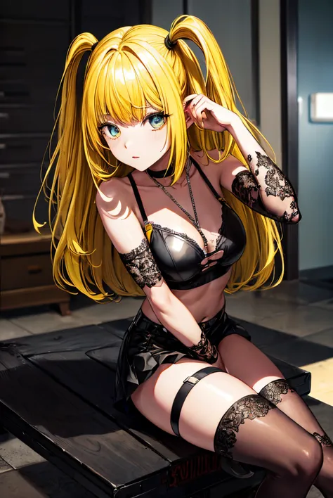 misaamane, misa amane, long hair, bangrown eyes:1.7), (yellow hair:1.5), blunt bangs, (two side up:1.5), red lips, lipstick, solo, 1girl,
BREAK thighhighs, jewelry, collarbone, boots, detached sleeves, choker, black thighhighs, necklace, black footwear, bl...